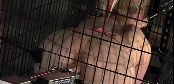  Caged Blonde Drilled By Duo Fuck Machines